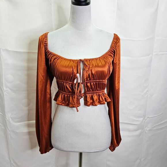 Forever 21 Chestnut Brown Satin Puff Sleeve Tie Front Crop Top Size Medium - Picture 1 of 10